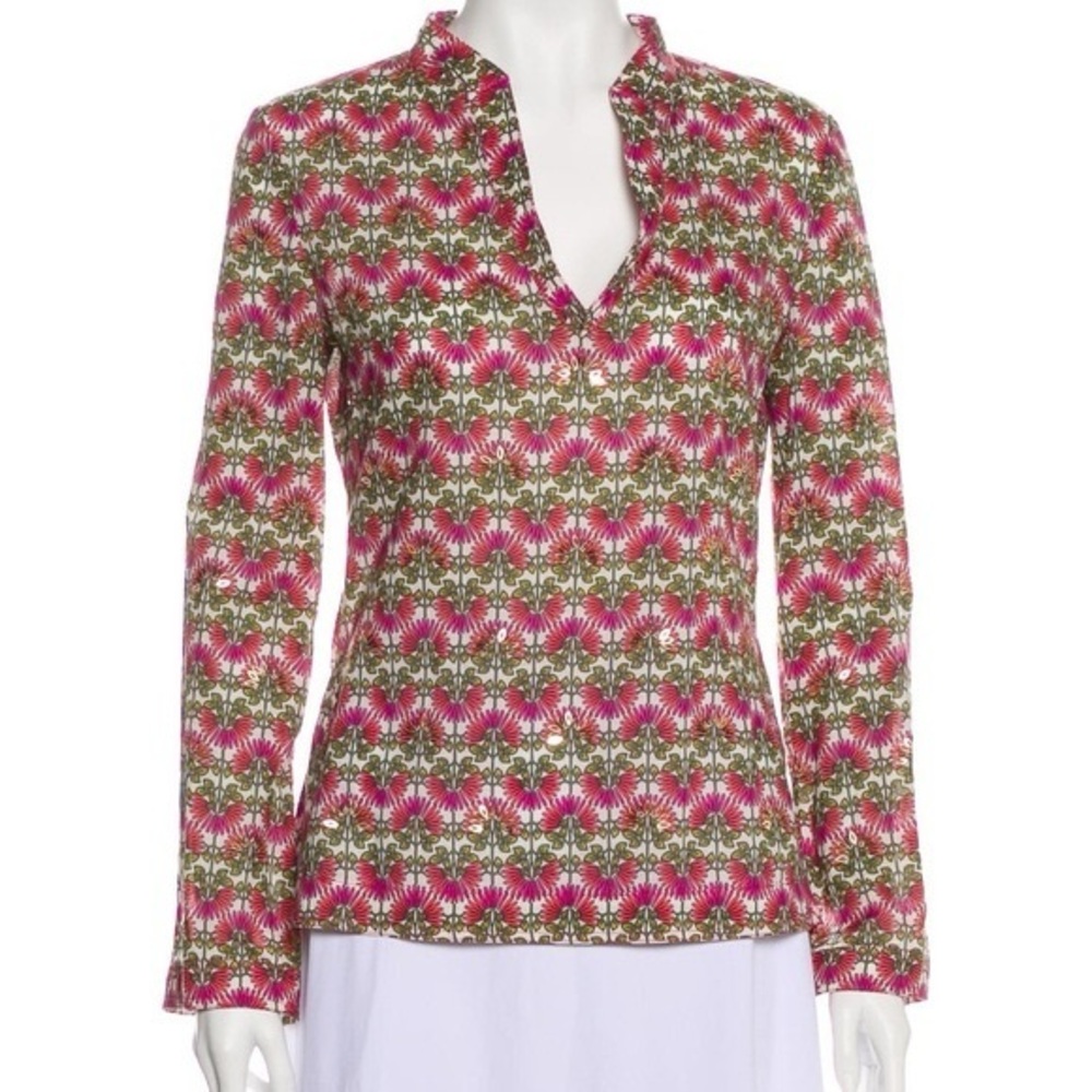 Tory Burch Beaded Floral Embellished Cotton Stephanie Tunic‎ Pink Orange Elegant
